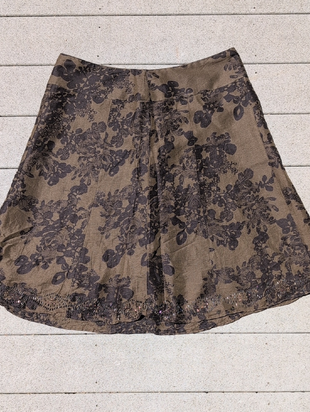 Monsoon Olive and Black Floral Linen Blend A-Line Skirt UK 22/EUR 50